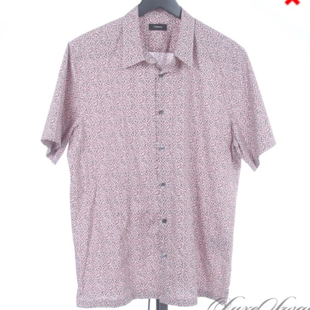 THEORY MODERN STRETCH SHORT SLEEVE CAMP SHIRT WITH ALLOVER GRAPHIC XL